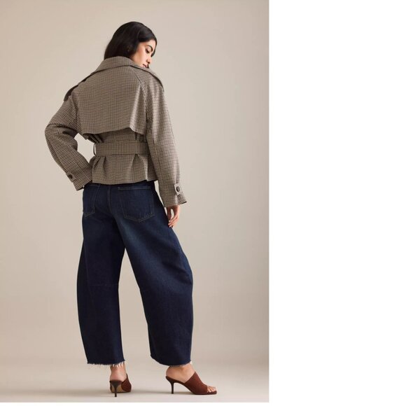 By Anthropologie Crop Plaid Trench Coat size 12 new with tag nwt Neutral Pattern - Picture 5 of 8